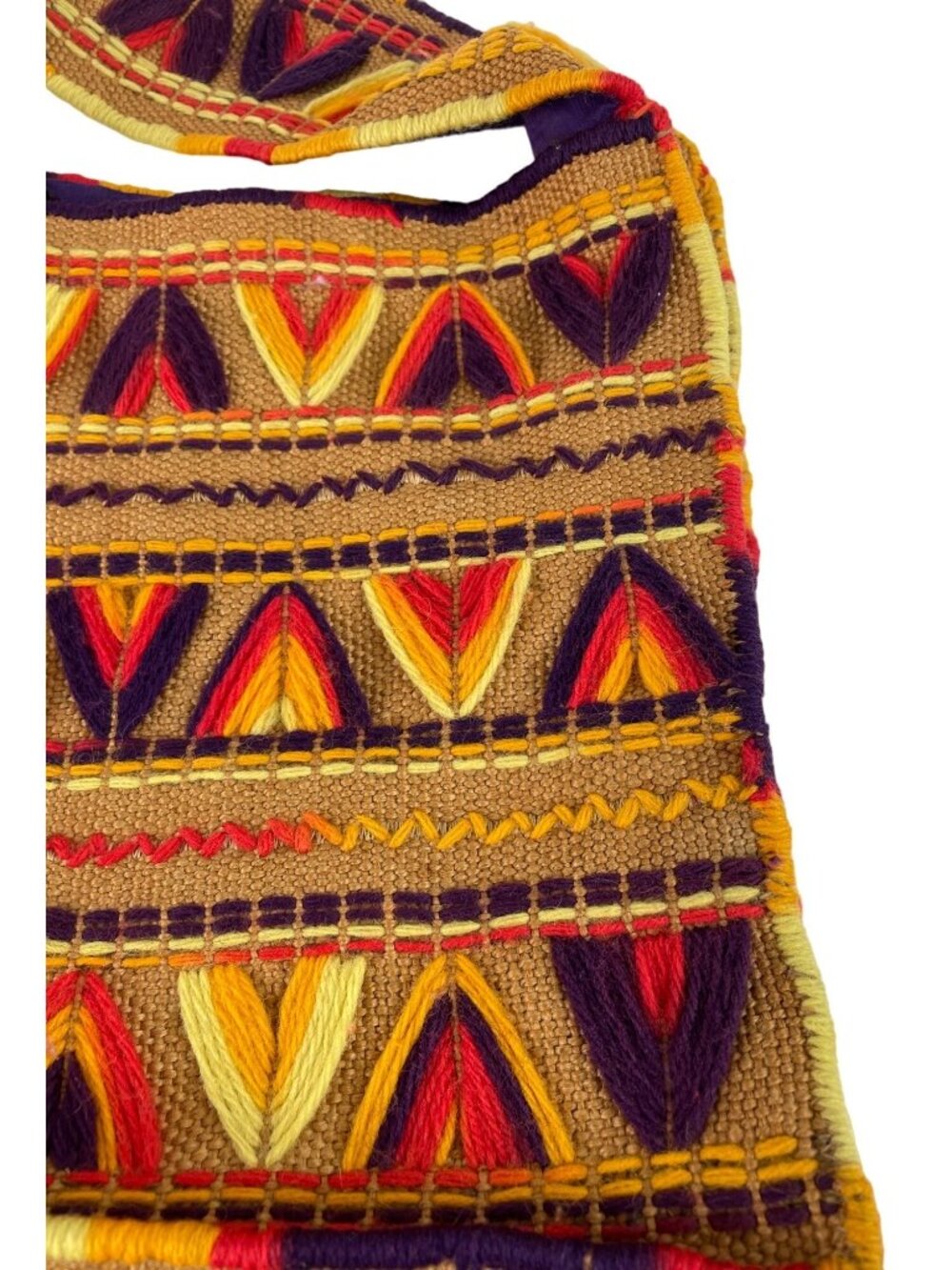 Vintage Handmade Colorful Yarn Embroidered Burlap Lined Tote Bag - Picture 4 of 10